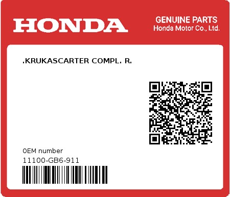 Product image: Honda - 11100-GB6-911 - .KRUKASCARTER COMPL. R.  0