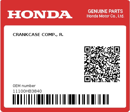 Product image: Honda - 11100HB3840 - CRANKCASE COMP., R.  0
