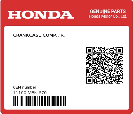 Product image: Honda - 11100-MBN-670 - CRANKCASE COMP., R.  0