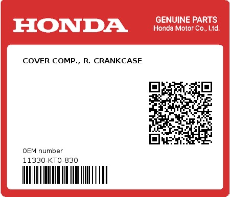 Product image: Honda - 11330-KT0-830 - COVER COMP., R. CRANKCASE  0