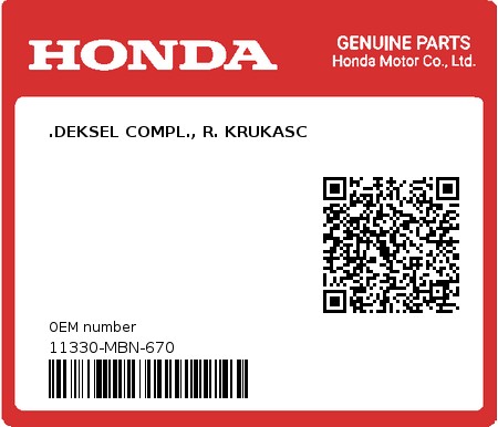 Product image: Honda - 11330-MBN-670 - .DEKSEL COMPL., R. KRUKASC  0