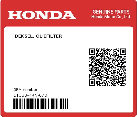 Product image: Honda - 11333-KRN-670 - .DEKSEL, OLIEFILTER  0