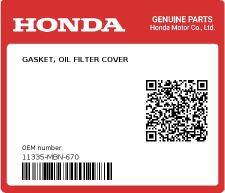 Product image: Honda - 11335-MBN-670 - GASKET, OIL FILTER COVER  0