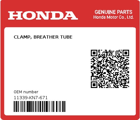 Product image: Honda - 11339-KN7-671 - CLAMP, BREATHER TUBE  0