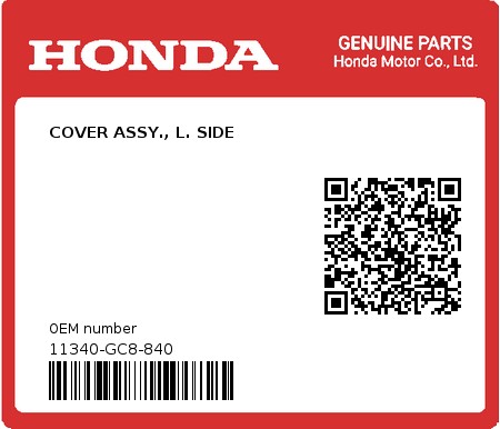 Product image: Honda - 11340-GC8-840 - COVER ASSY., L. SIDE  0