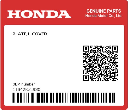 Product image: Honda - 11342KZL930 - PLATE,L COVER  0