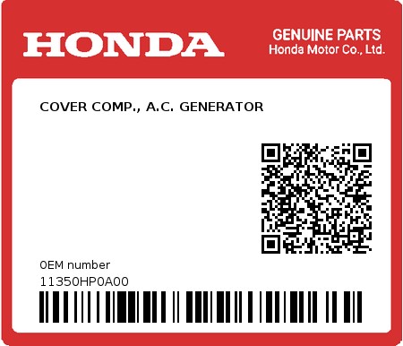 Product image: Honda - 11350HP0A00 - COVER COMP., A.C. GENERATOR  0