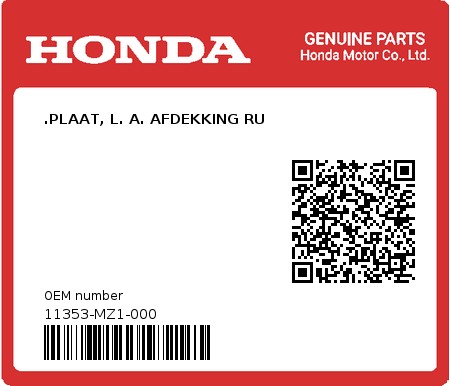 Product image: Honda - 11353-MZ1-000 - .PLAAT, L. A. AFDEKKING RU  0