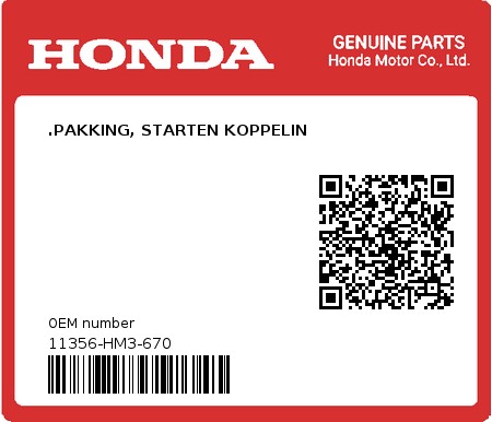 Product image: Honda - 11356-HM3-670 - .PAKKING, STARTEN KOPPELIN  0