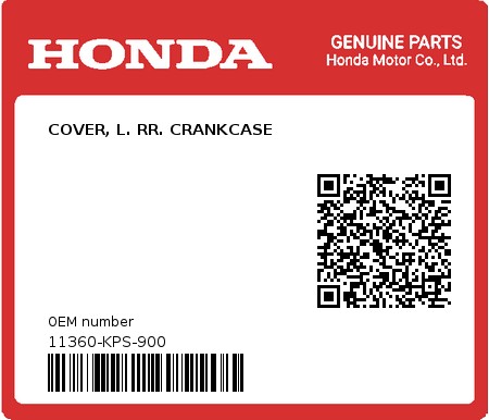 Product image: Honda - 11360-KPS-900 - COVER, L. RR. CRANKCASE  0