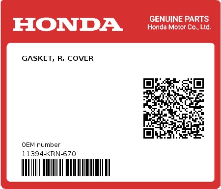 Product image: Honda - 11394-KRN-670 - GASKET, R. COVER  0