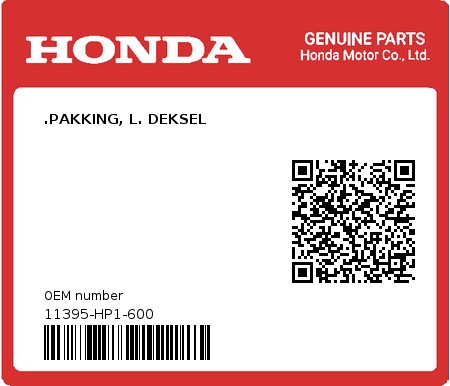 Product image: Honda - 11395-HP1-600 - .PAKKING, L. DEKSEL  0