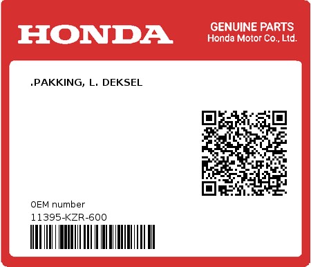 Product image: Honda - 11395-KZR-600 - .PAKKING, L. DEKSEL  0