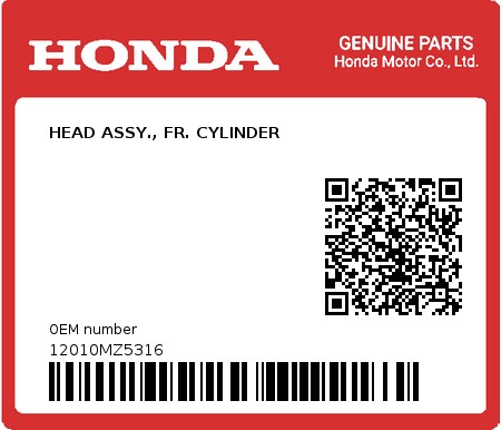 Product image: Honda - 12010MZ5316 - HEAD ASSY., FR. CYLINDER  0