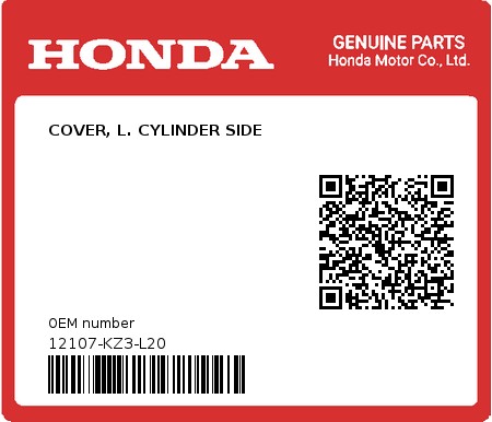 Product image: Honda - 12107-KZ3-L20 - COVER, L. CYLINDER SIDE  0