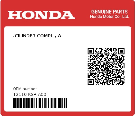 Product image: Honda - 12110-KSR-A00 - .CILINDER COMPL., A  0