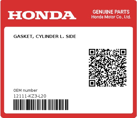 Product image: Honda - 12111-KZ3-L20 - GASKET, CYLINDER L. SIDE  0