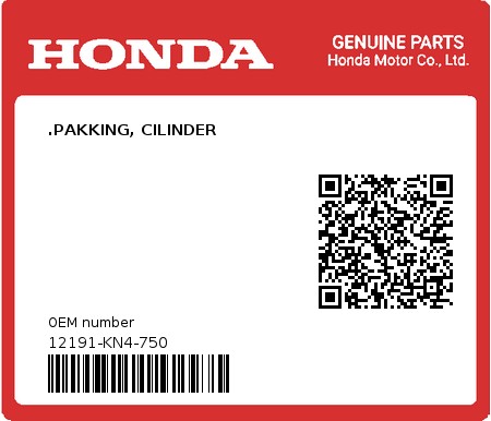 Product image: Honda - 12191-KN4-750 - .PAKKING, CILINDER  0