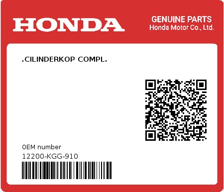 Product image: Honda - 12200-KGG-910 - .CILINDERKOP COMPL.  0