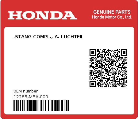 Product image: Honda - 12285-MBA-000 - .STANG COMPL., A. LUCHTFIL  0
