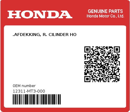 Product image: Honda - 12311-MT3-000 - .AFDEKKING, R. CILINDER HO  0