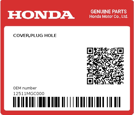 Product image: Honda - 12511MGC000 - COVER,PLUG HOLE  0