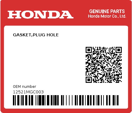 Product image: Honda - 12521MGC003 - GASKET,PLUG HOLE  0