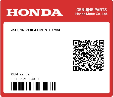 Product image: Honda - 13112-MEL-000 - .KLEM, ZUIGERPEN 17MM  0