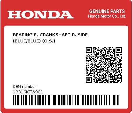 Product image: Honda - 13316KTW901 - BEARING F, CRANKSHAFT R. SIDE (BLUE/BLUE) (O.S.)  0