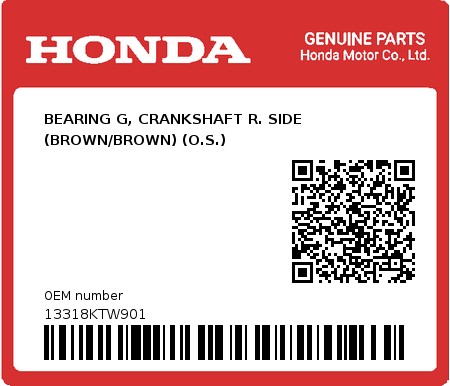 Product image: Honda - 13318KTW901 - BEARING G, CRANKSHAFT R. SIDE (BROWN/BROWN) (O.S.)  0