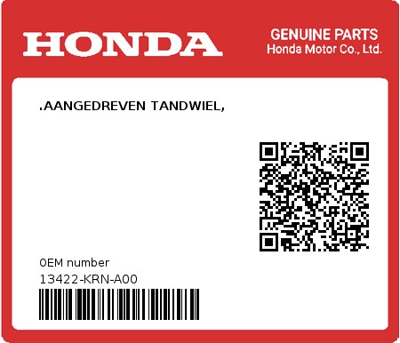 Product image: Honda - 13422-KRN-A00 - .AANGEDREVEN TANDWIEL,  0