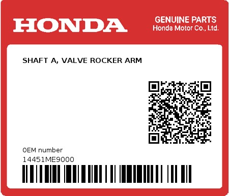 Product image: Honda - 14451ME9000 - SHAFT A, VALVE ROCKER ARM  0