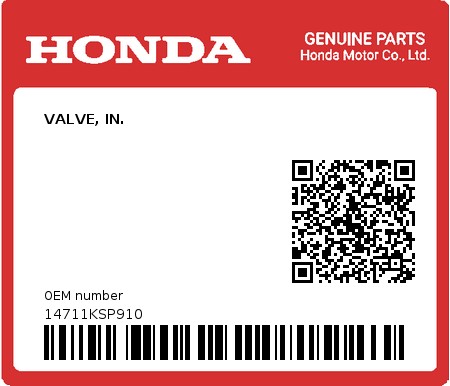 Product image: Honda - 14711KSP910 - VALVE, IN.  0