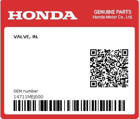 Product image: Honda - 14711MEJ000 - VALVE, IN.  0