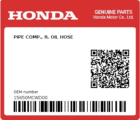Product image: Honda - 15650MCWD00 - PIPE COMP., R. OIL HOSE  0