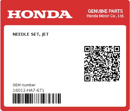 Product image: Honda - 16012-HA7-671 - NEEDLE SET, JET  0
