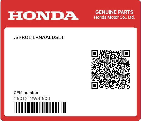 Product image: Honda - 16012-MW3-600 - .SPROEIERNAALDSET  0