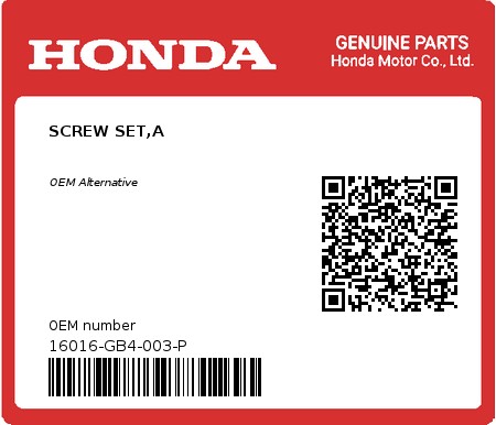 Product image: Honda - 16016-GB4-003-P - SCREW SET,A  0