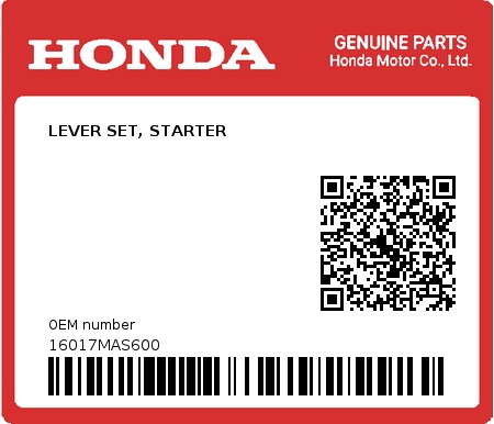 Product image: Honda - 16017MAS600 - LEVER SET, STARTER  0
