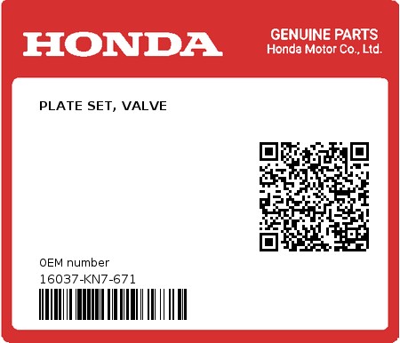 Product image: Honda - 16037-KN7-671 - PLATE SET, VALVE  0