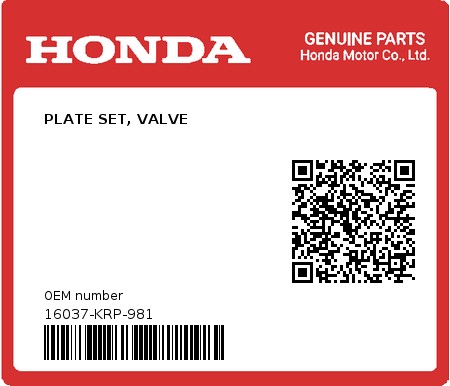 Product image: Honda - 16037-KRP-981 - PLATE SET, VALVE  0