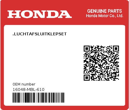 Product image: Honda - 16048-MBL-610 - .LUCHTAFSLUITKLEPSET  0