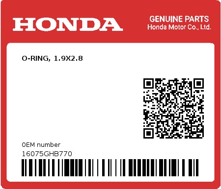 Product image: Honda - 16075GHB770 - O-RING, 1.9X2.8  0