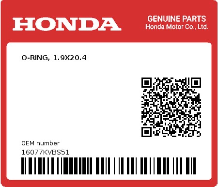Product image: Honda - 16077KVBS51 - O-RING, 1.9X20.4  0