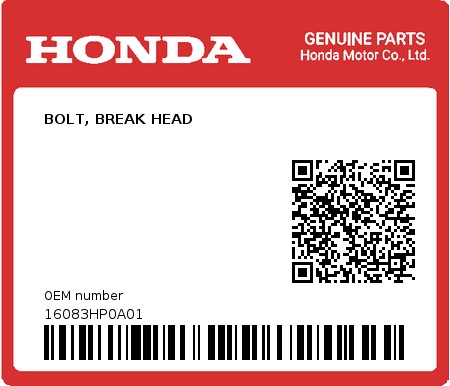 Product image: Honda - 16083HP0A01 - BOLT, BREAK HEAD  0