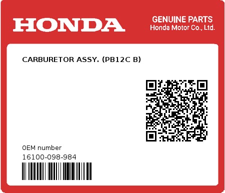 Product image: Honda - 16100-098-984 - CARBURETOR ASSY. (PB12C B)  0