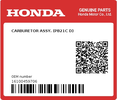 Product image: Honda - 16100459706 - CARBURETOR ASSY. (PB21C D)  0