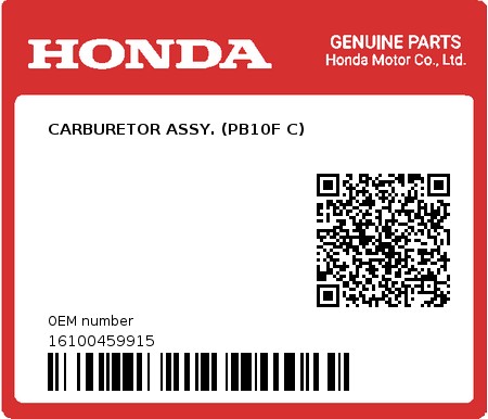 Product image: Honda - 16100459915 - CARBURETOR ASSY. (PB10F C)  0
