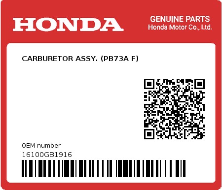 Product image: Honda - 16100GB1916 - CARBURETOR ASSY. (PB73A F)  0