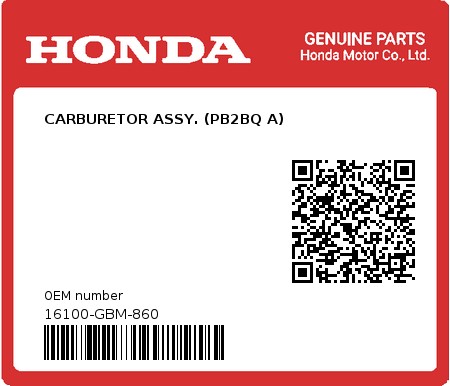 Product image: Honda - 16100-GBM-860 - CARBURETOR ASSY. (PB2BQ A)  0